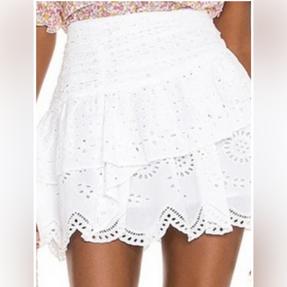 LOVE SHACK FANCY Onika Embroidered
Eyelet Tiered Skirt Antique White Size 6